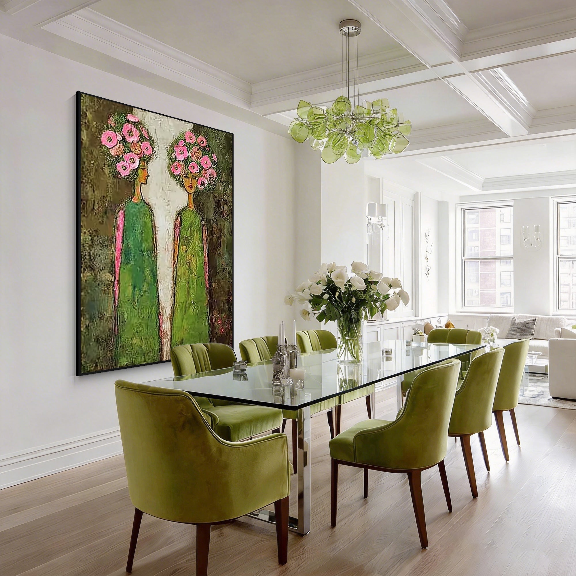 beige green abstract woman floral textured wall art