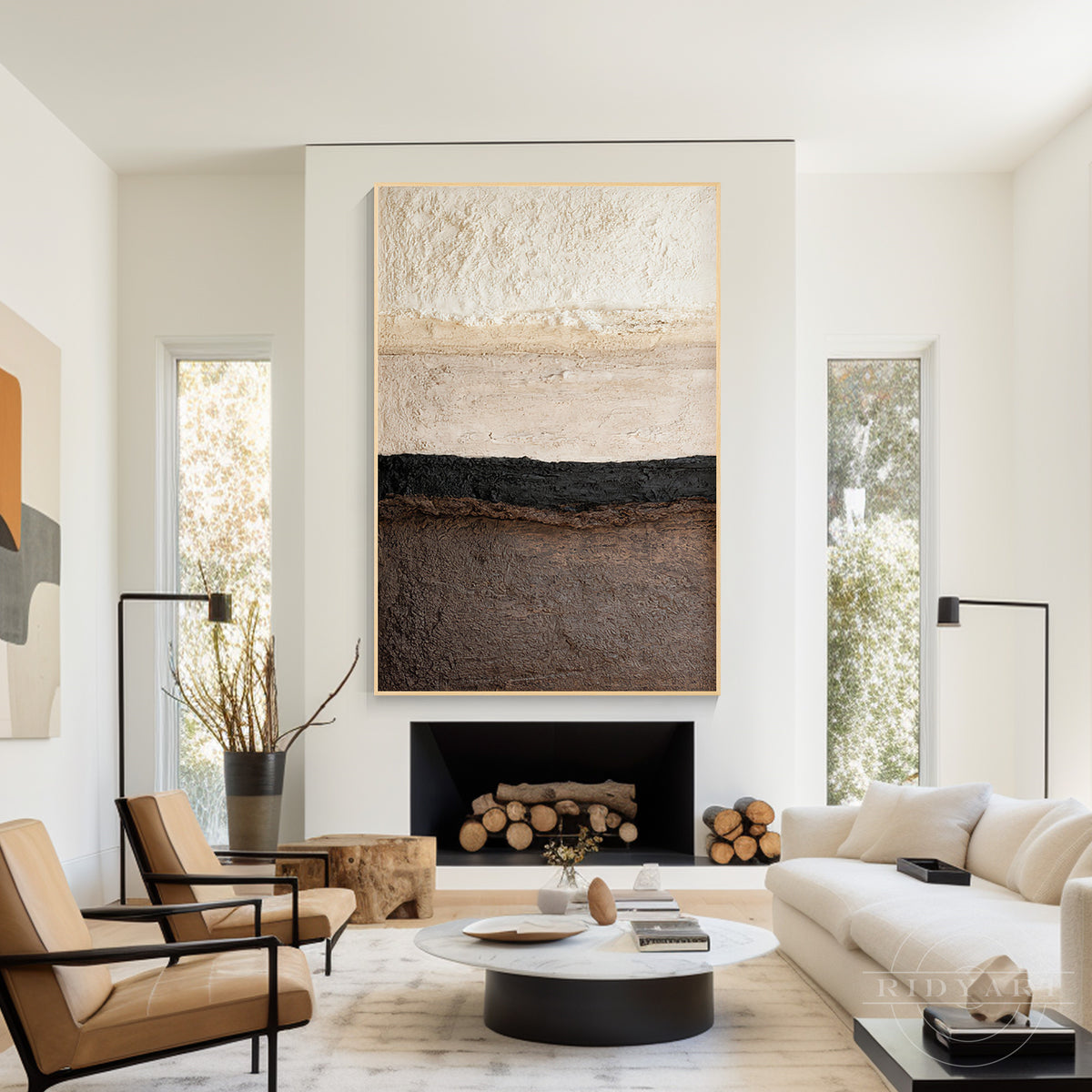 Wabi-sabi style abstract horizon canvas painting with rich tactile texture, beige upper block, and dark earth tone lower block.