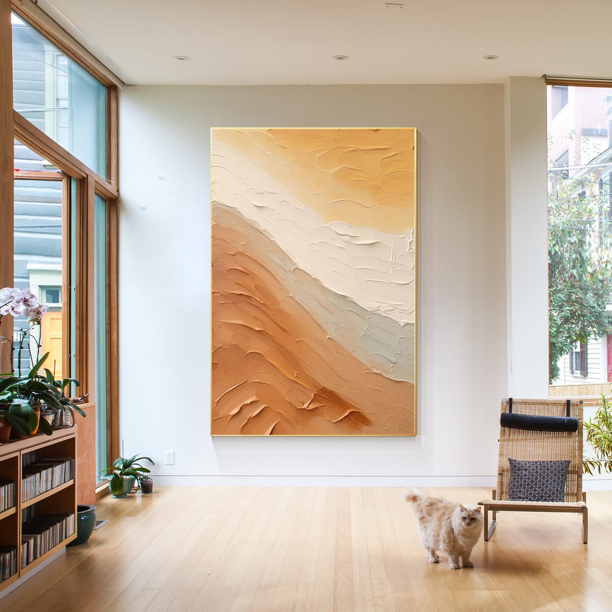 Earth tone abstract ocean painting with 3D textured details, featuring a minimalist Wabi Sabi design. Extra large wall art for coastal and natural decor.