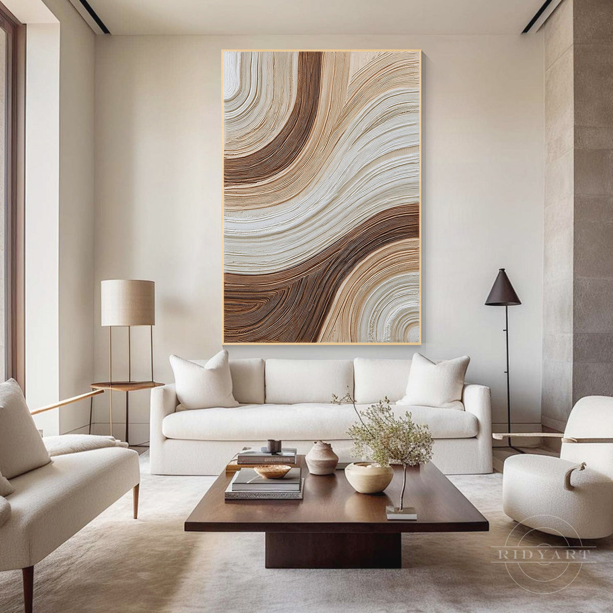 Wabi-sabi inspired minimalist abstract canvas decor with earthy beige and deep brown curved line patterns.