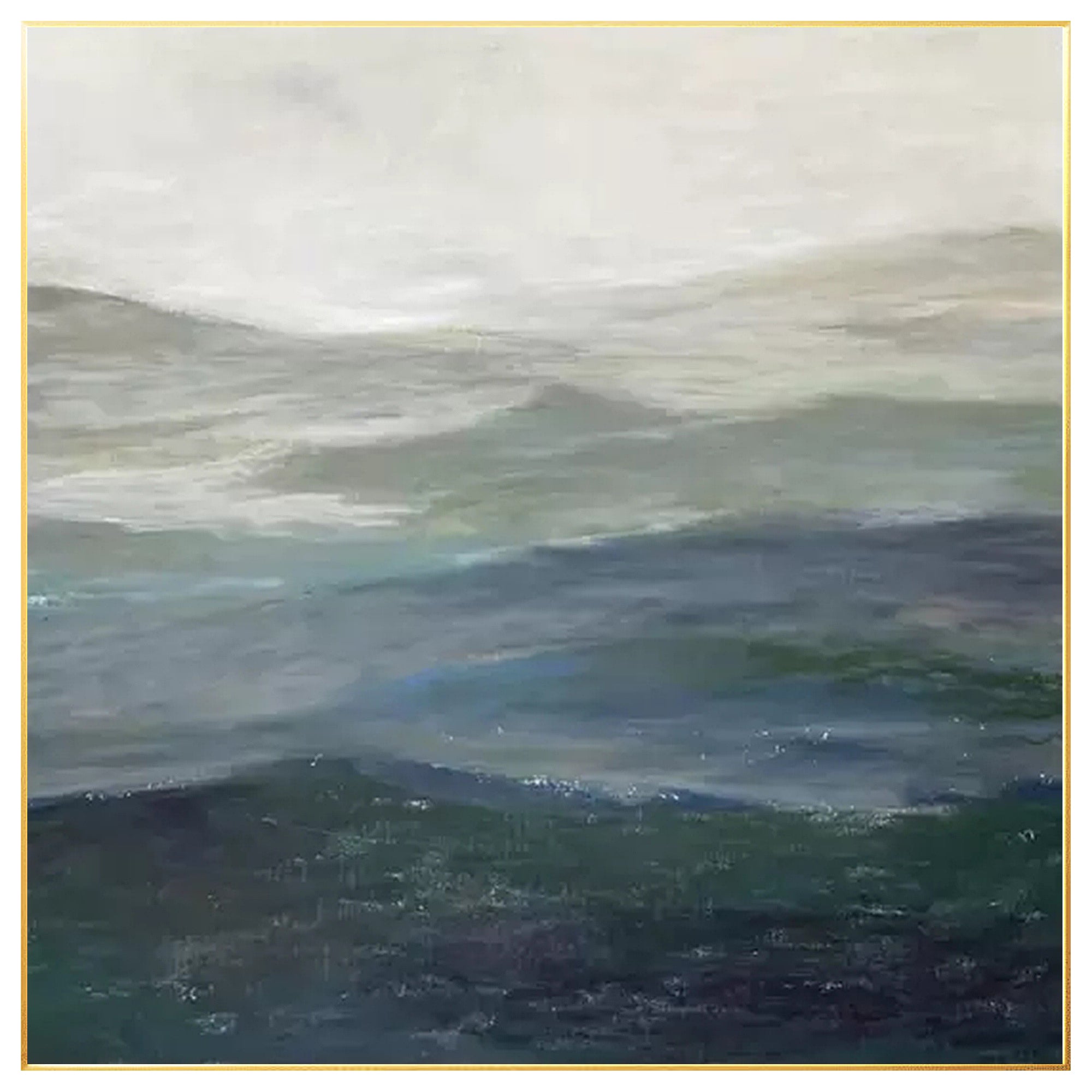 Gray green minimalist mountain painting with Wabi-Sabi style