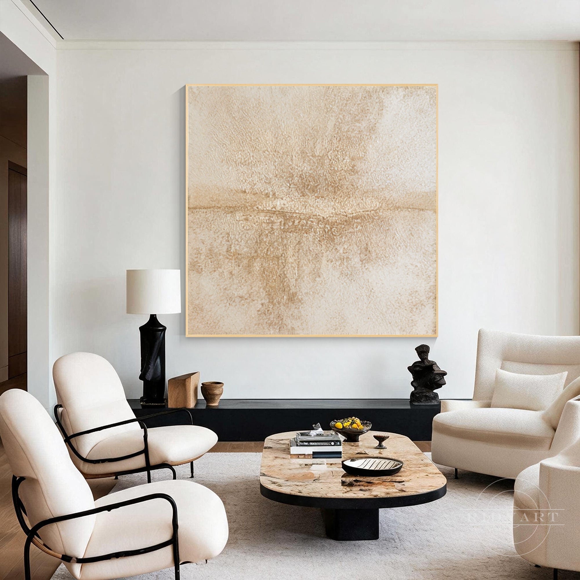 Warm neutral earth tone abstract painting in soft ivory and warm tan with a natural wood frame.