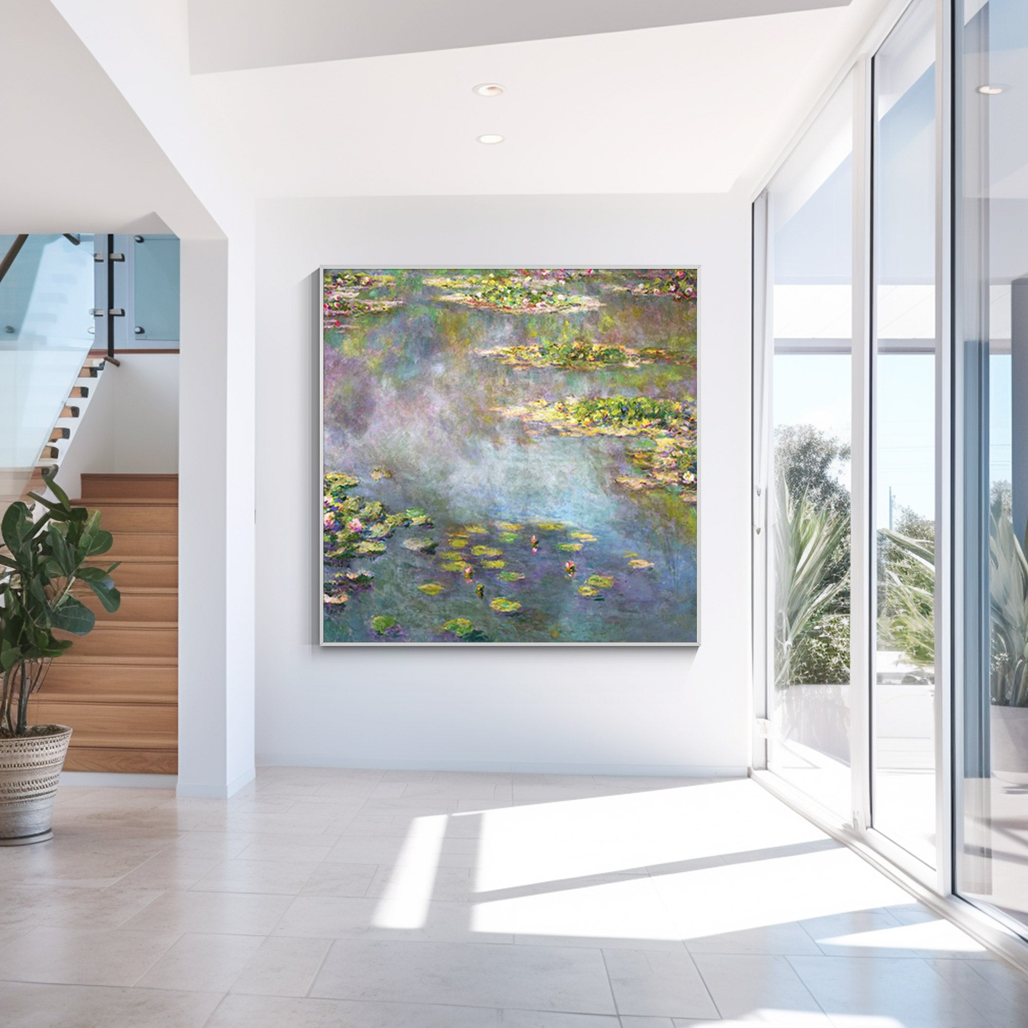Hand-painted Monet style water lilies wall art