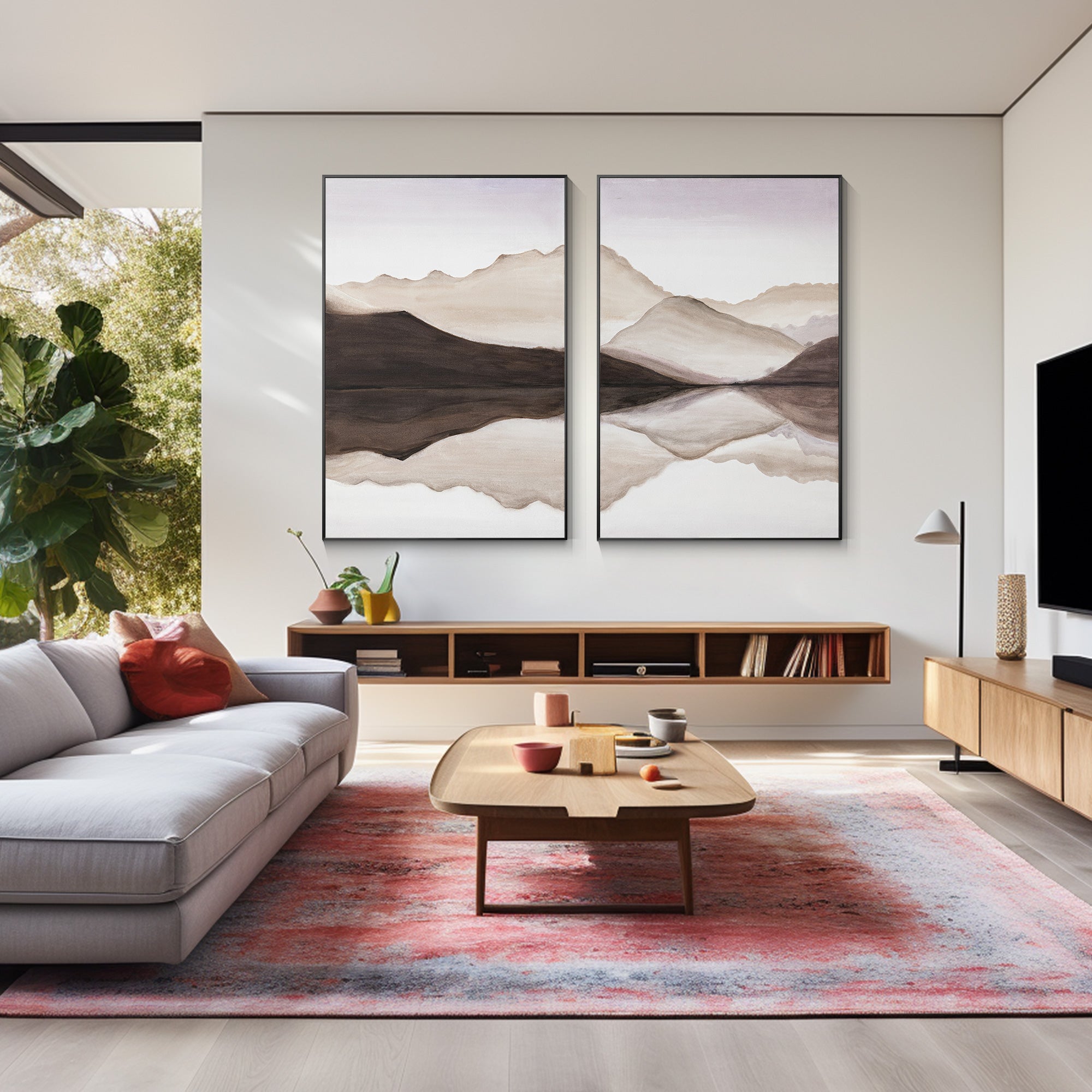Set of 2 earth-tone mountain landscape paintings on canvas, original watercolor-style art with framed design, perfect for modern wall decor.