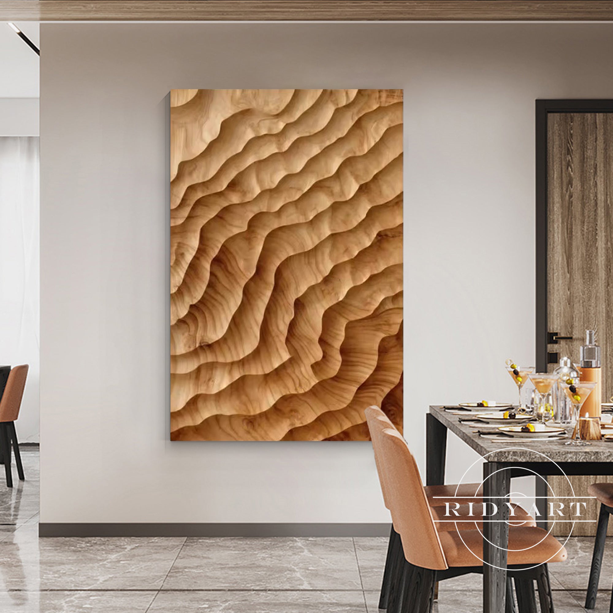 Wavy wooden wall decor brown wood parametric carving