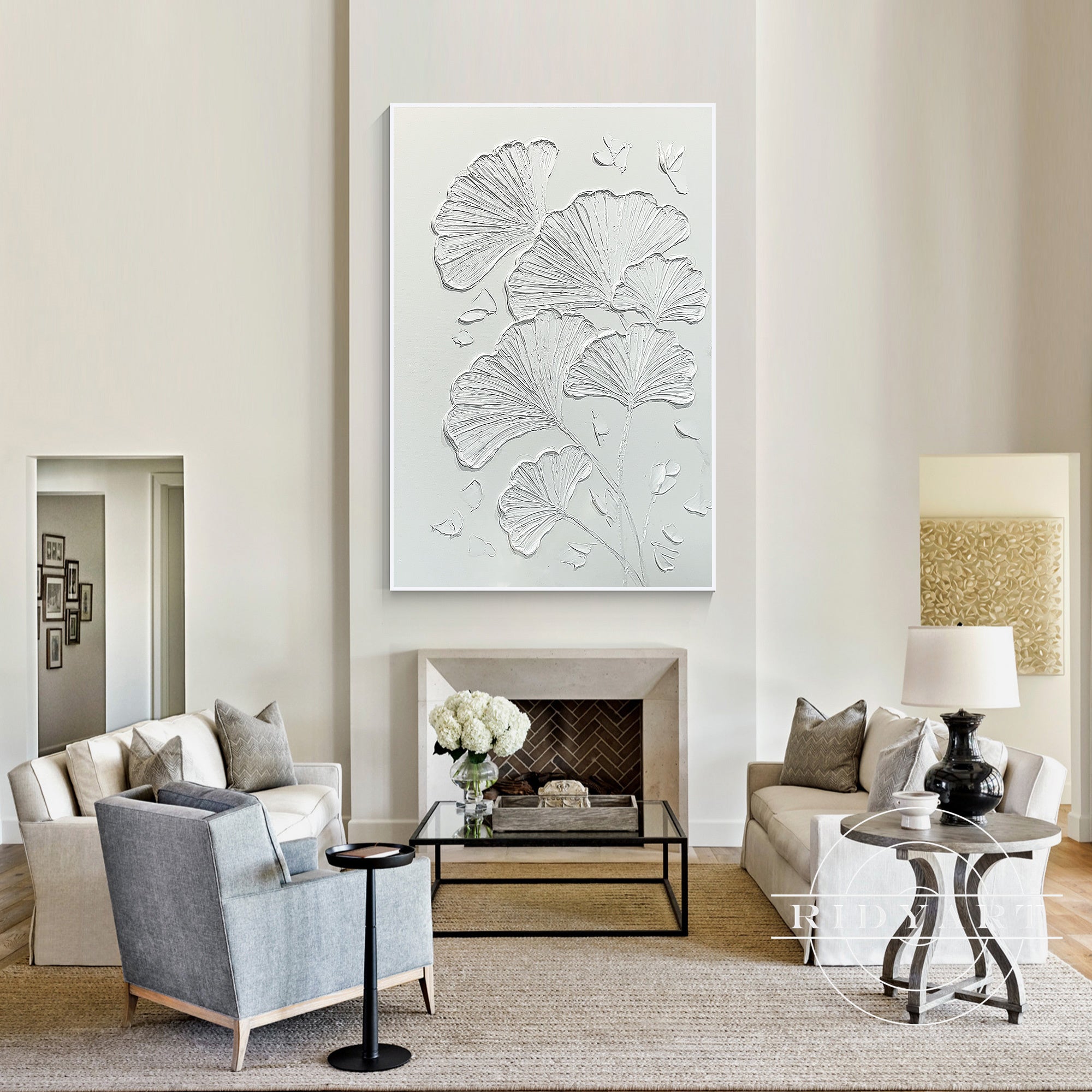 
White and beige handmade ginkgo painting on canvas