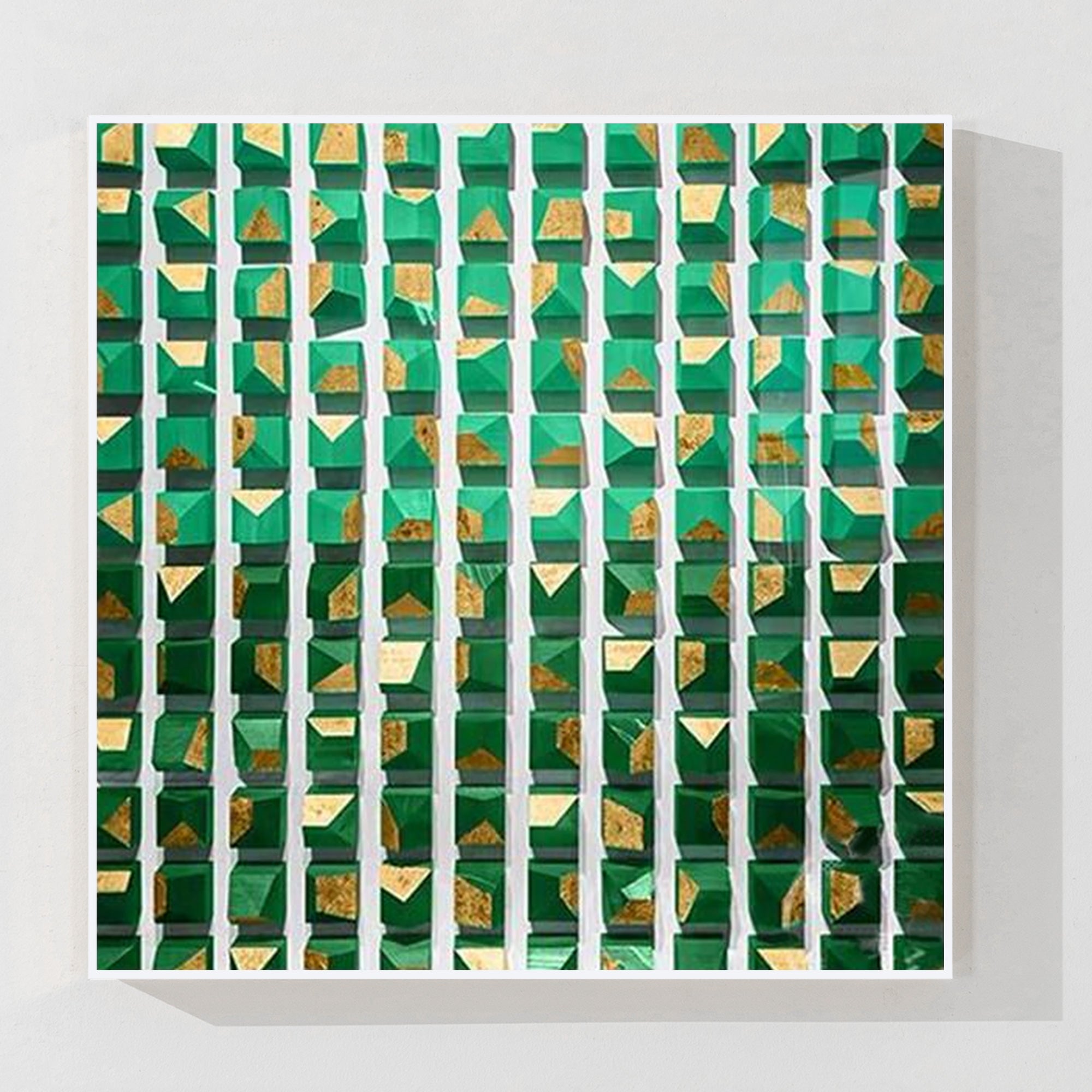 Green and gold wood cubes wall art geometric abstract painting