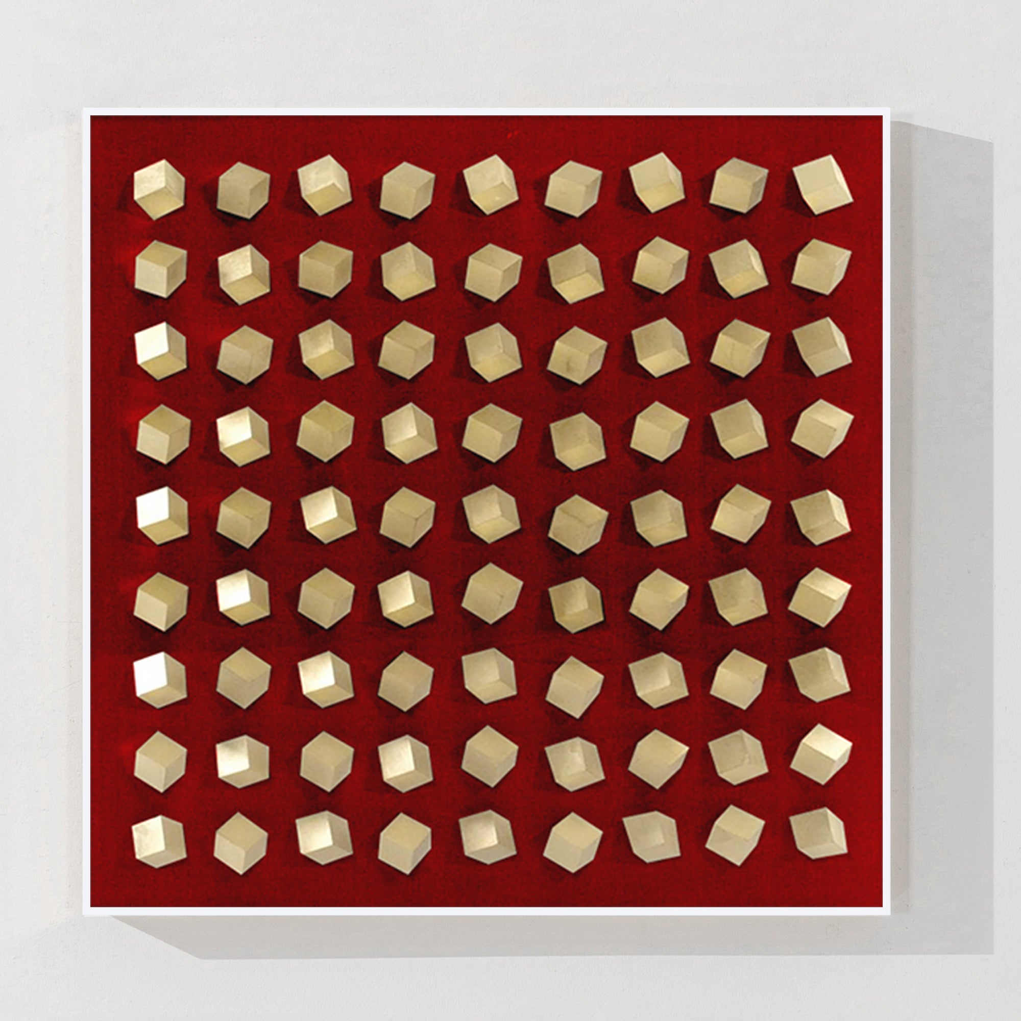 Wood cubes wall art in red and gold geometric abstract design
