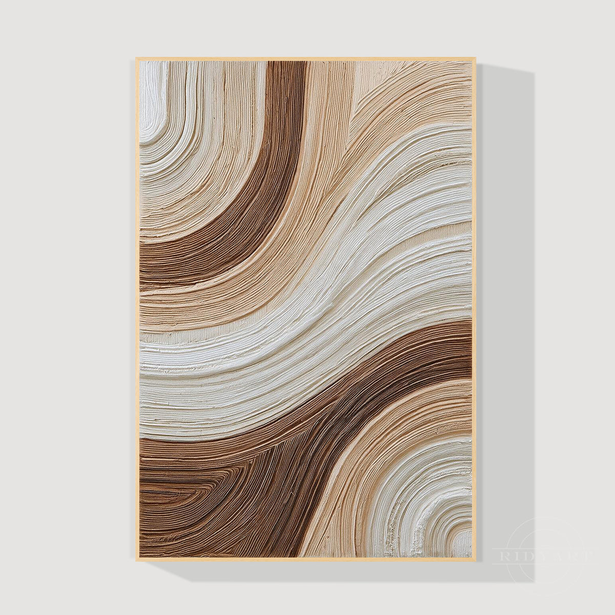 Detailed shot of a vertically framed abstract line art with natural wood frame showing light contrast on textured grooves.