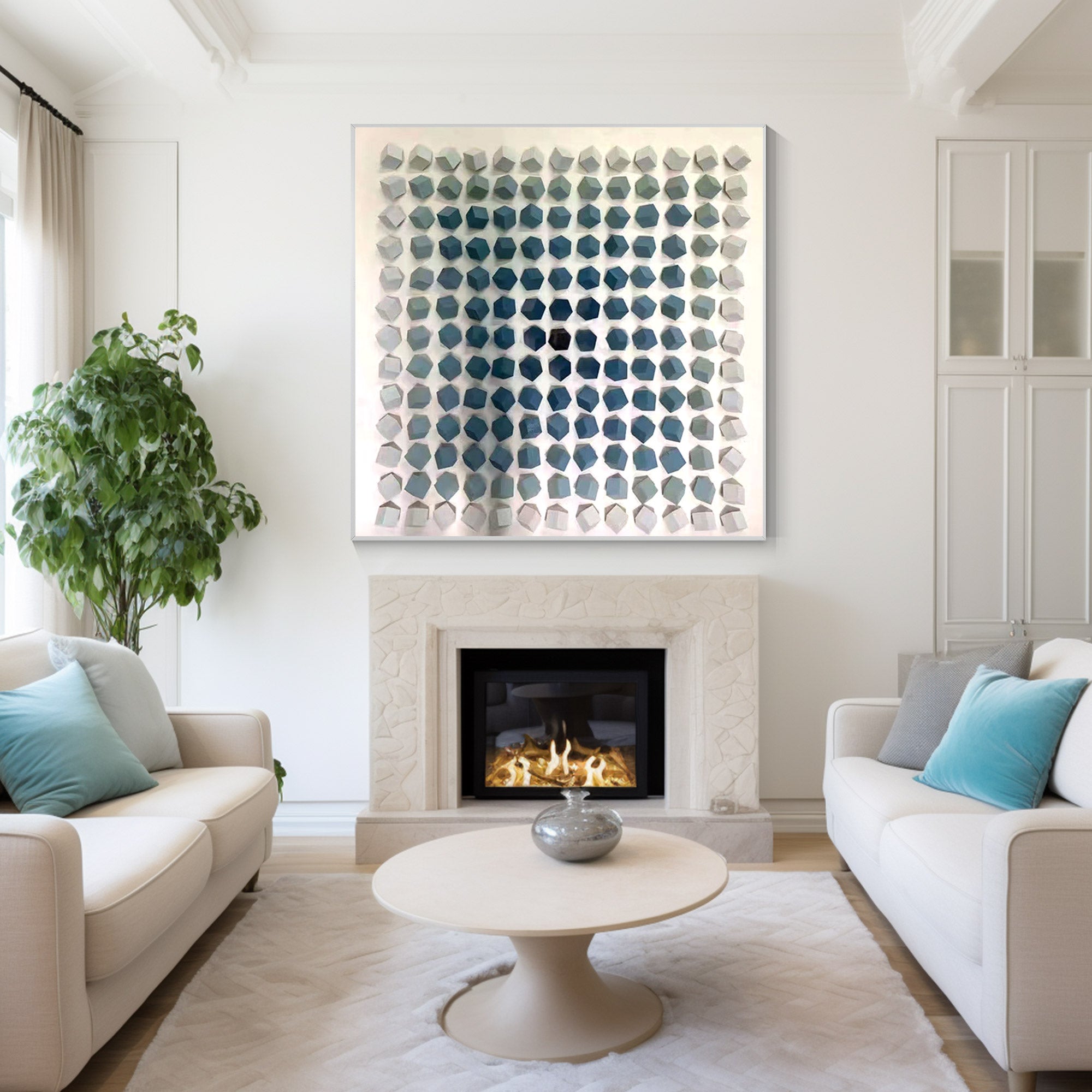 abstract wood cube wall art turquoise geometric design