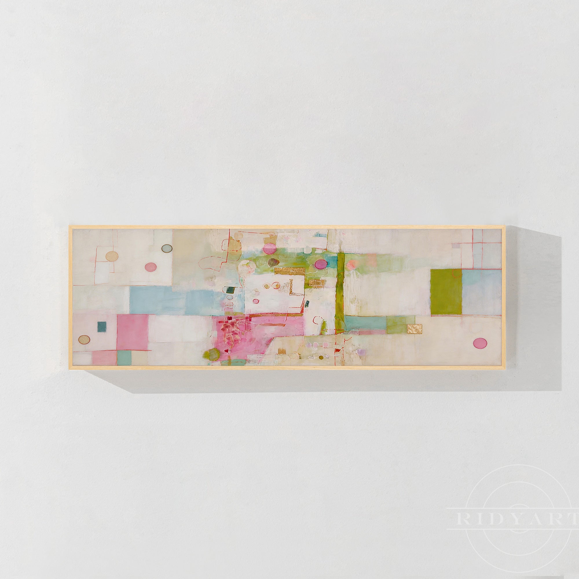 Panoramic abstract canvas painting with pastel pink, green, blue, and ivory geometric elements.