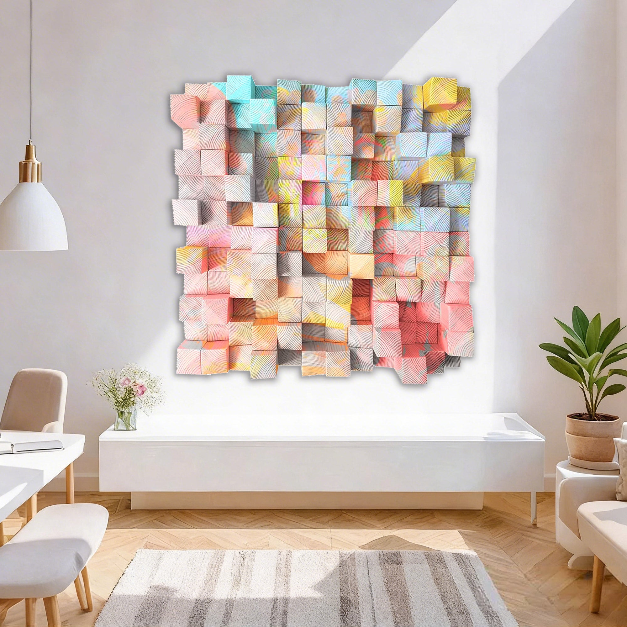 abstract geometric wood wall art textured pastel design