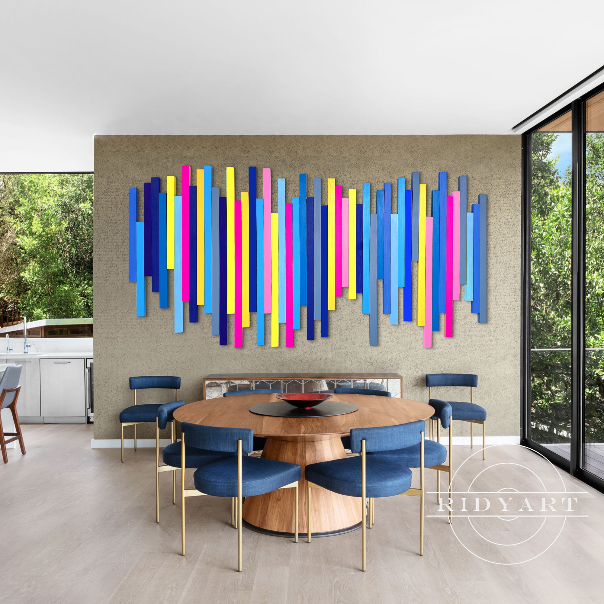 Blue wood wall art with rainbow sound wave design