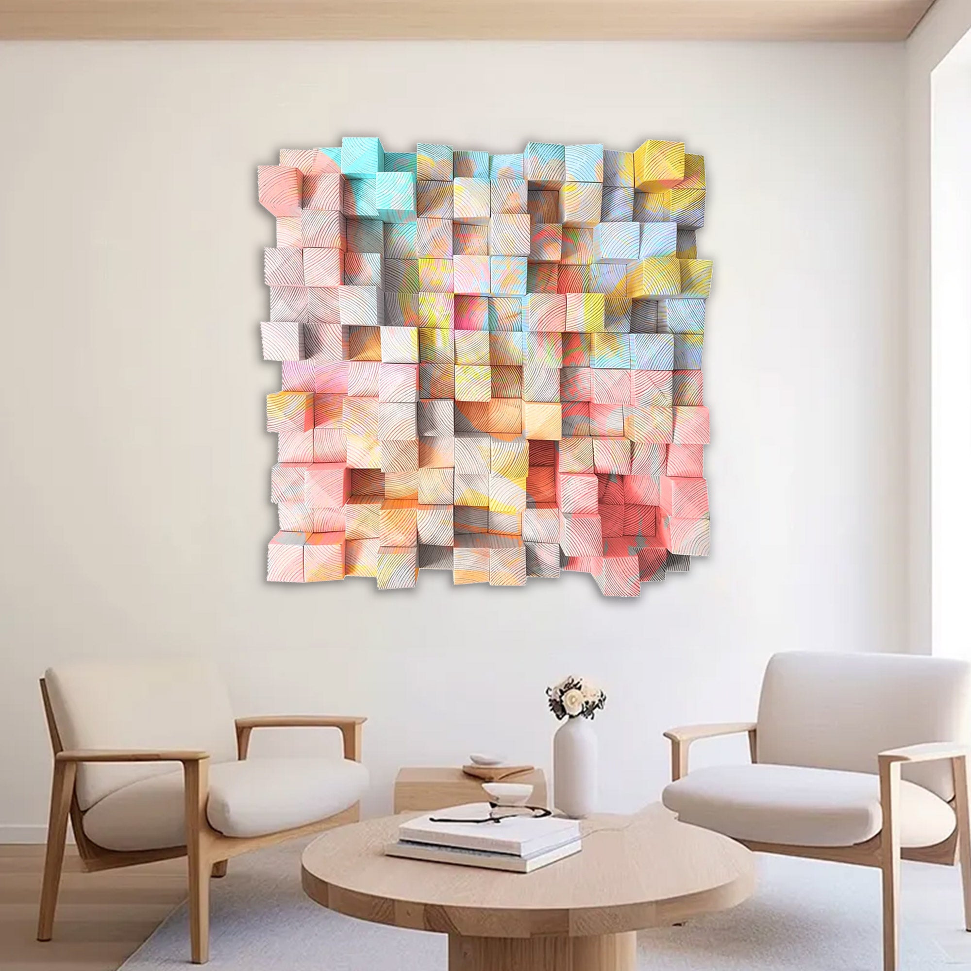 pastel multicolor 3d wood mosaic wall art geometric sculpture