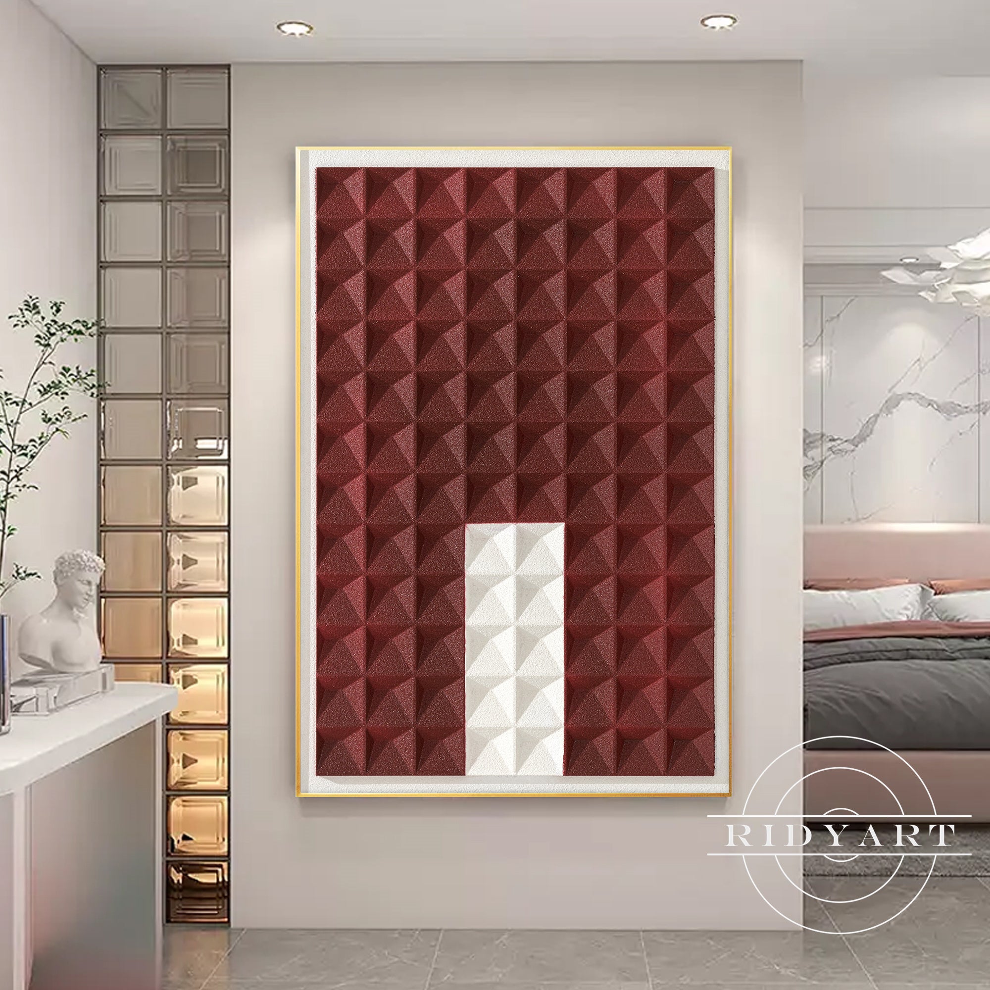 Framed red-brown wood wall decor with natural pattern
