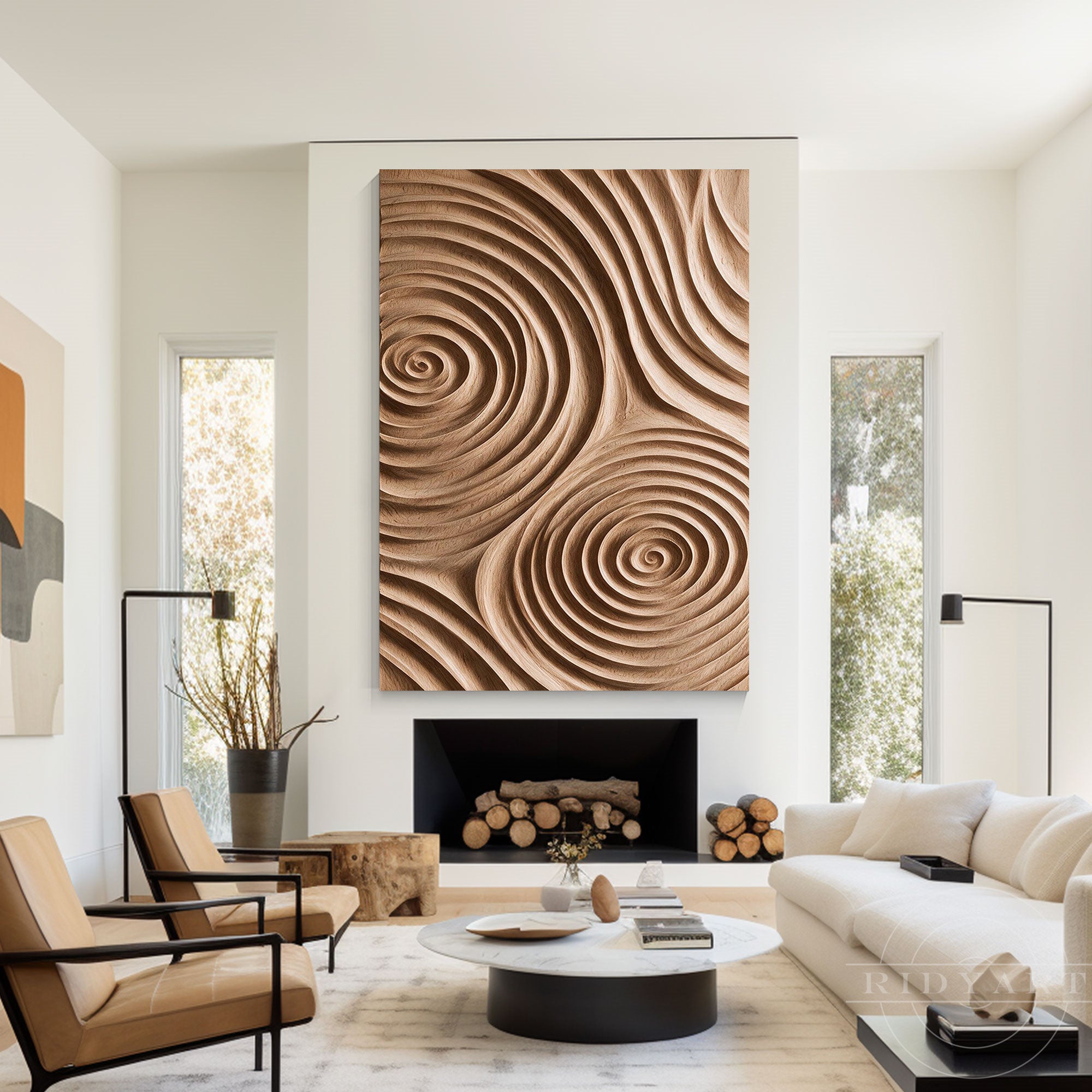 Large 3D concentric swirl wood wall artwork displayed above a fireplace in a modern luxury living room