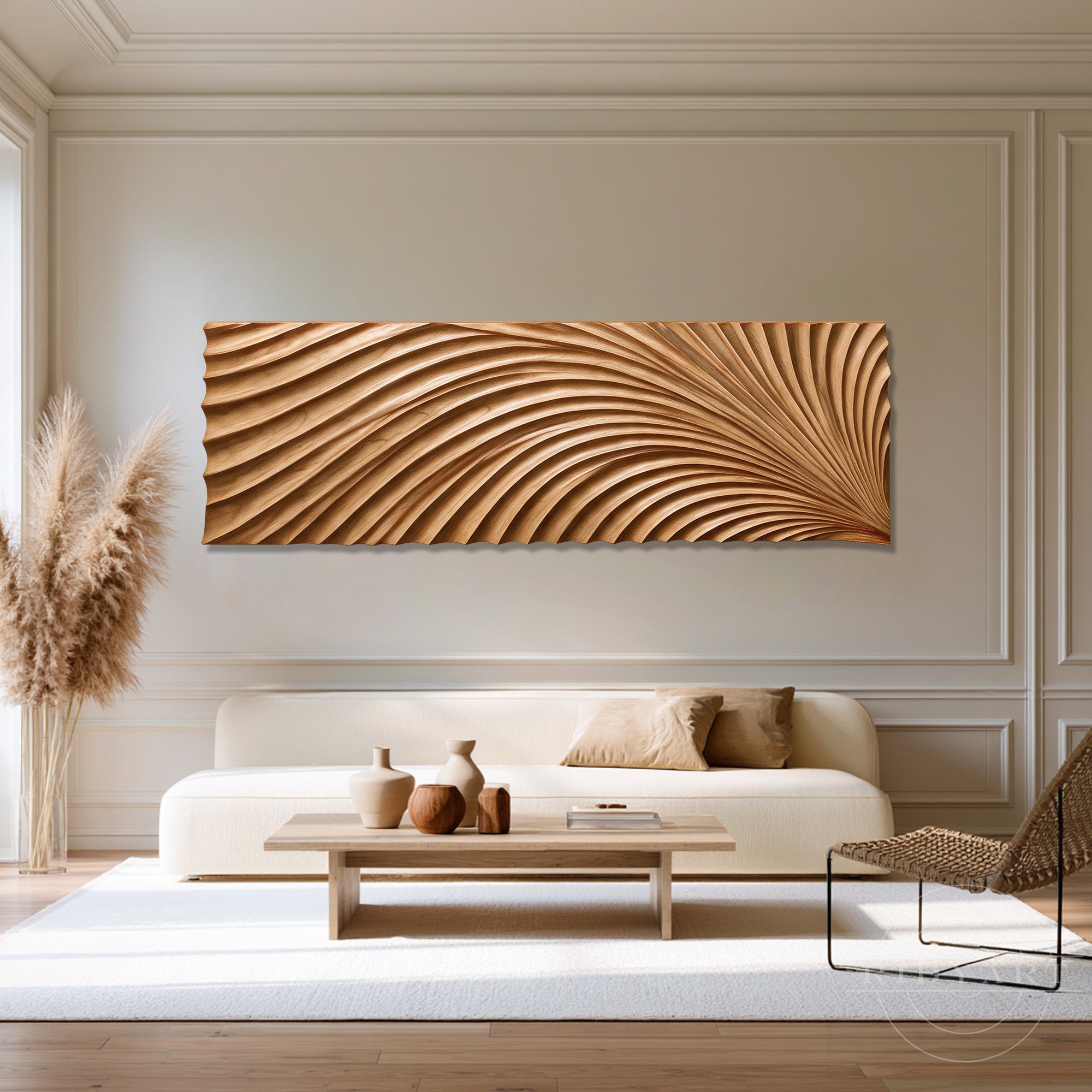 Large horizontal abstract wood wall sculpture art mounted on a paneled beige wall above a cream sofa in a modern minimalist living room.