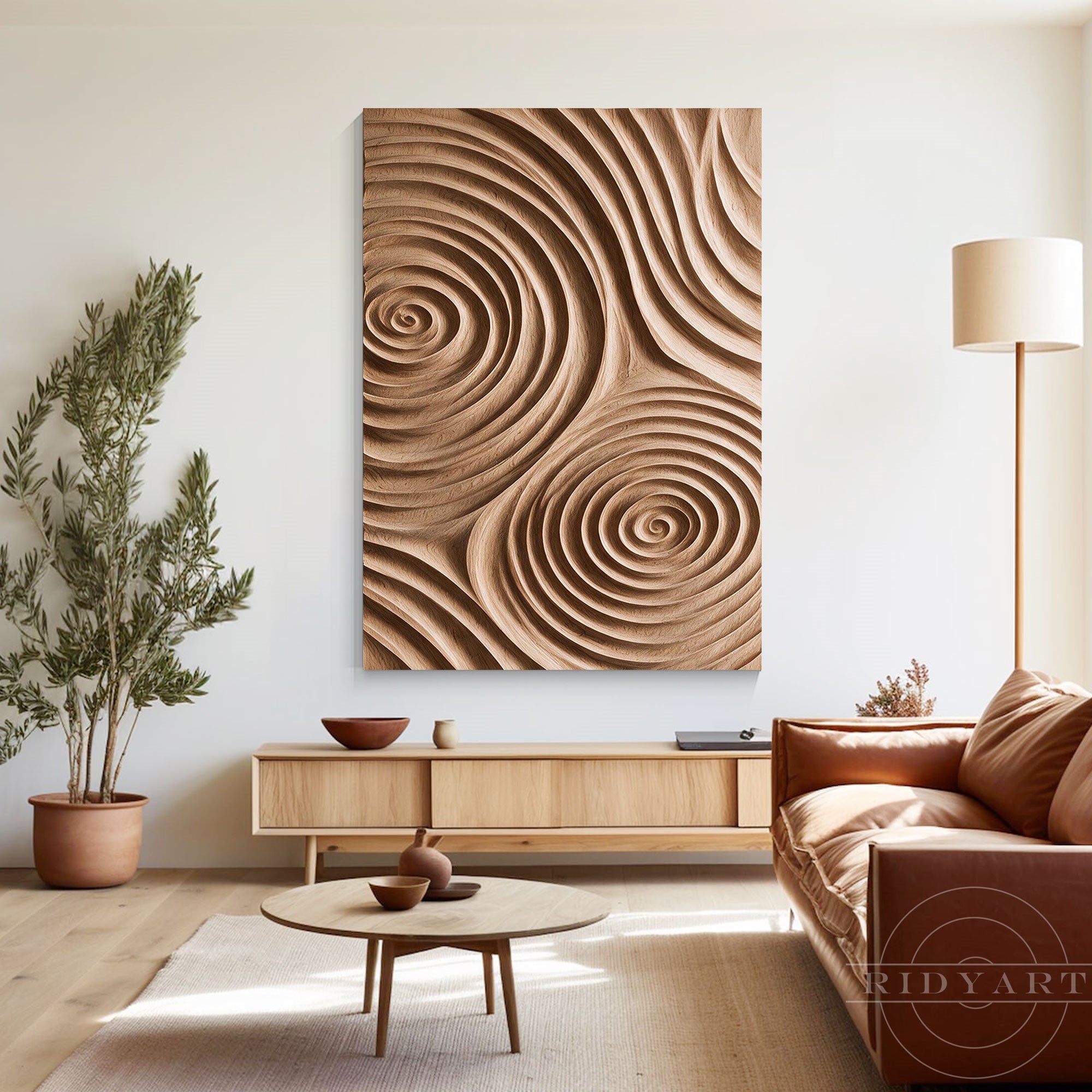 Wabi-sabi swirl wood wall art hanging above a light oak TV console in a minimalist Japandi living room