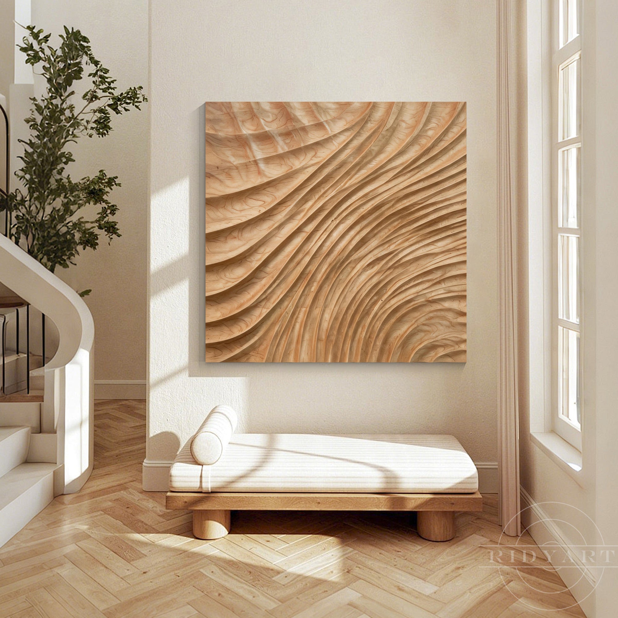 Square wood wave wall art hanging on a sunlit hallway wall with daybed and light herringbone oak flooring