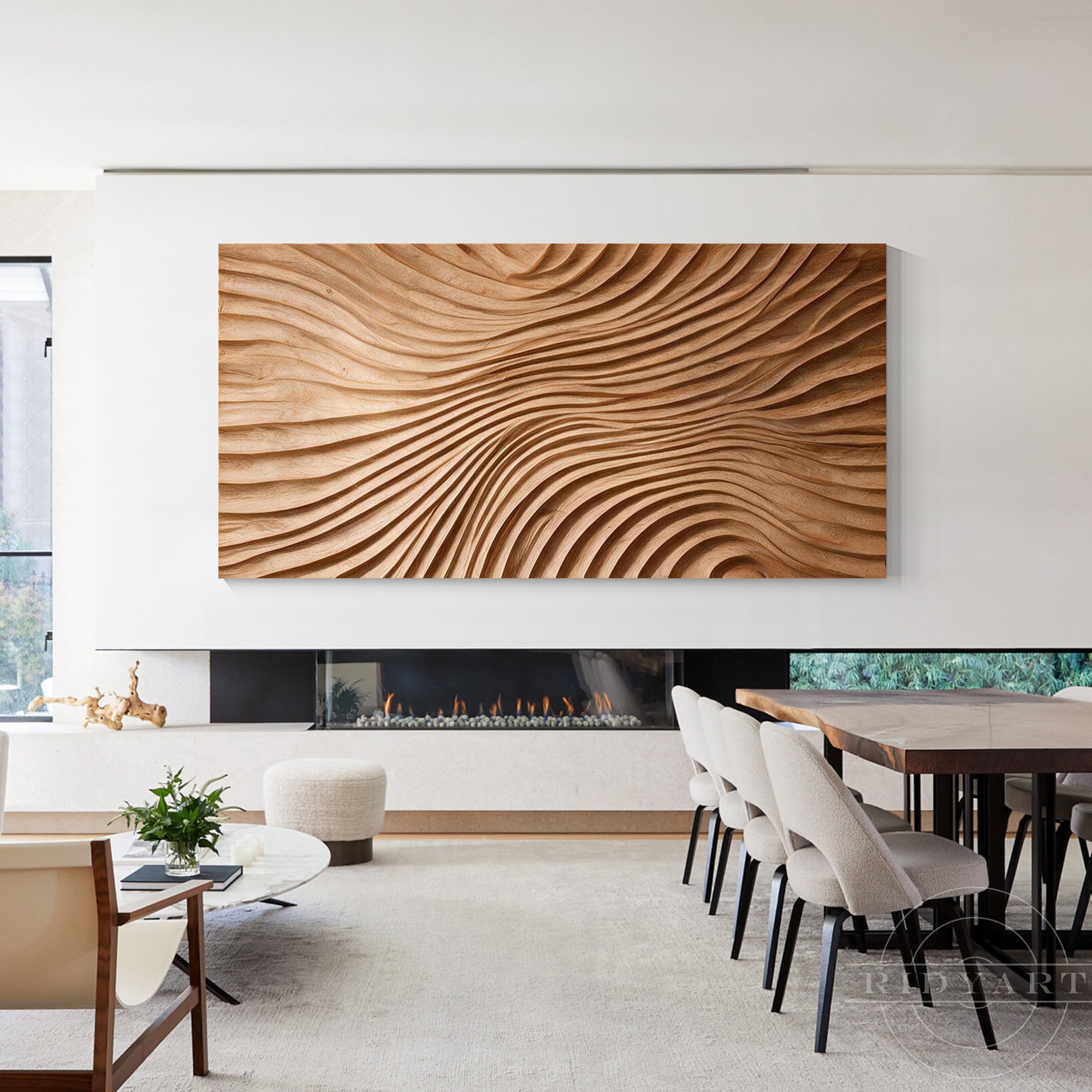 Panoramic wood wave wall art hanging on a white feature wall above a fireplace in a modern dining room