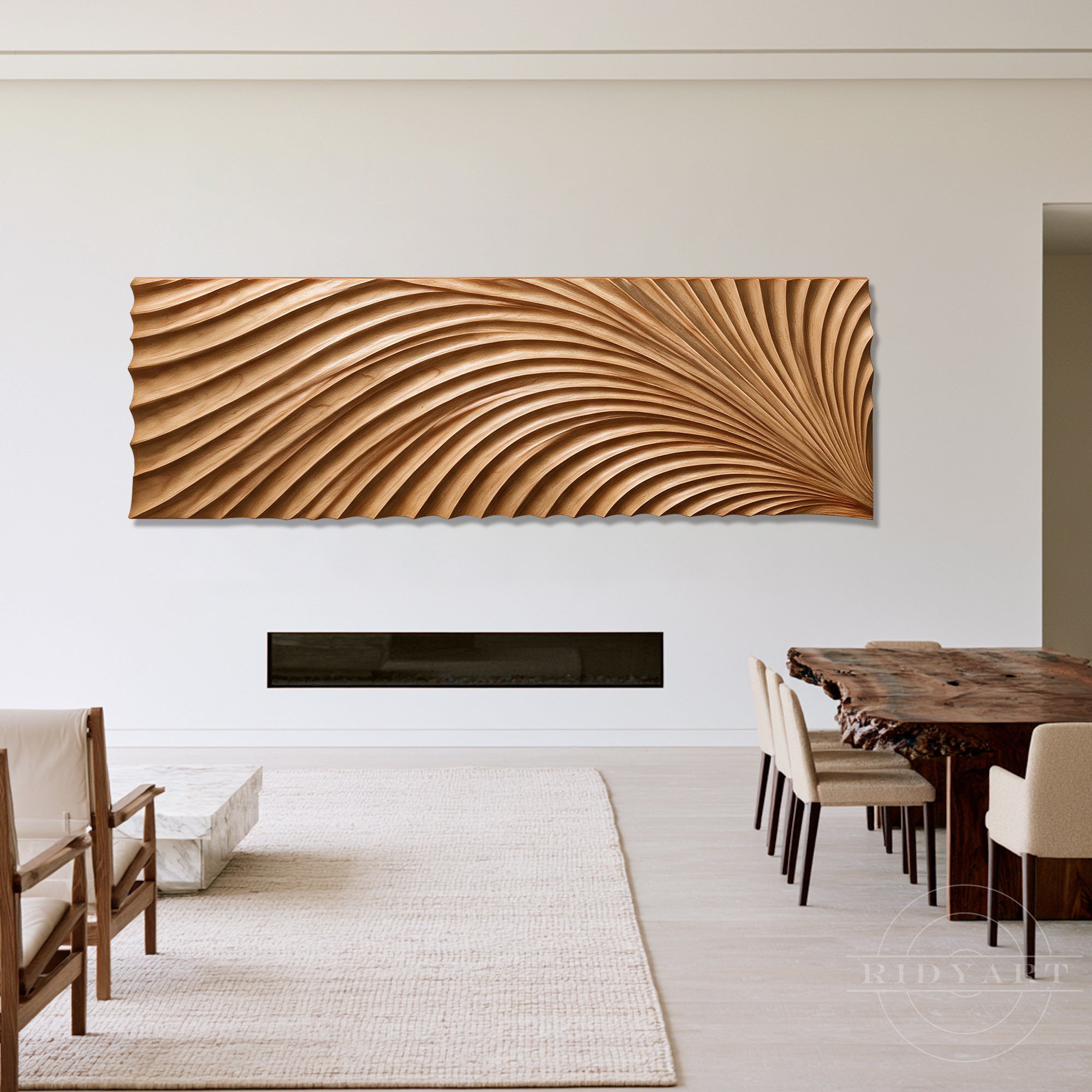 Modern wooden wall art displayed on a white wall above a sleek fireplace in an open-concept dining room with a live-edge wooden table.