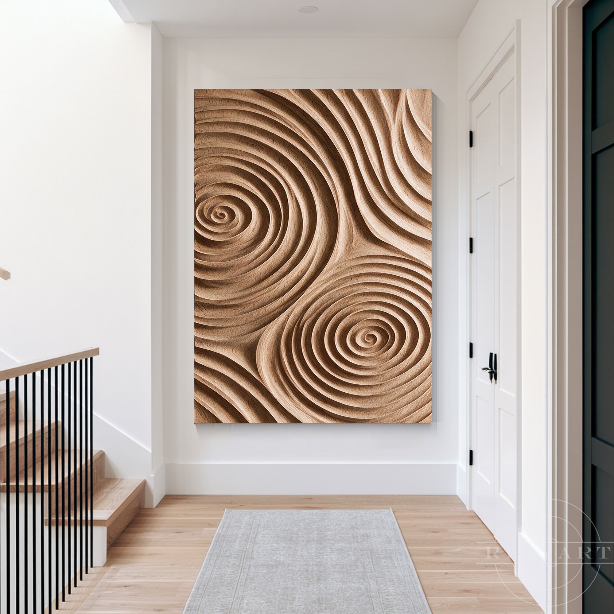 Vertical 3D wood wall art featured in a bright modern entryway with wooden flooring