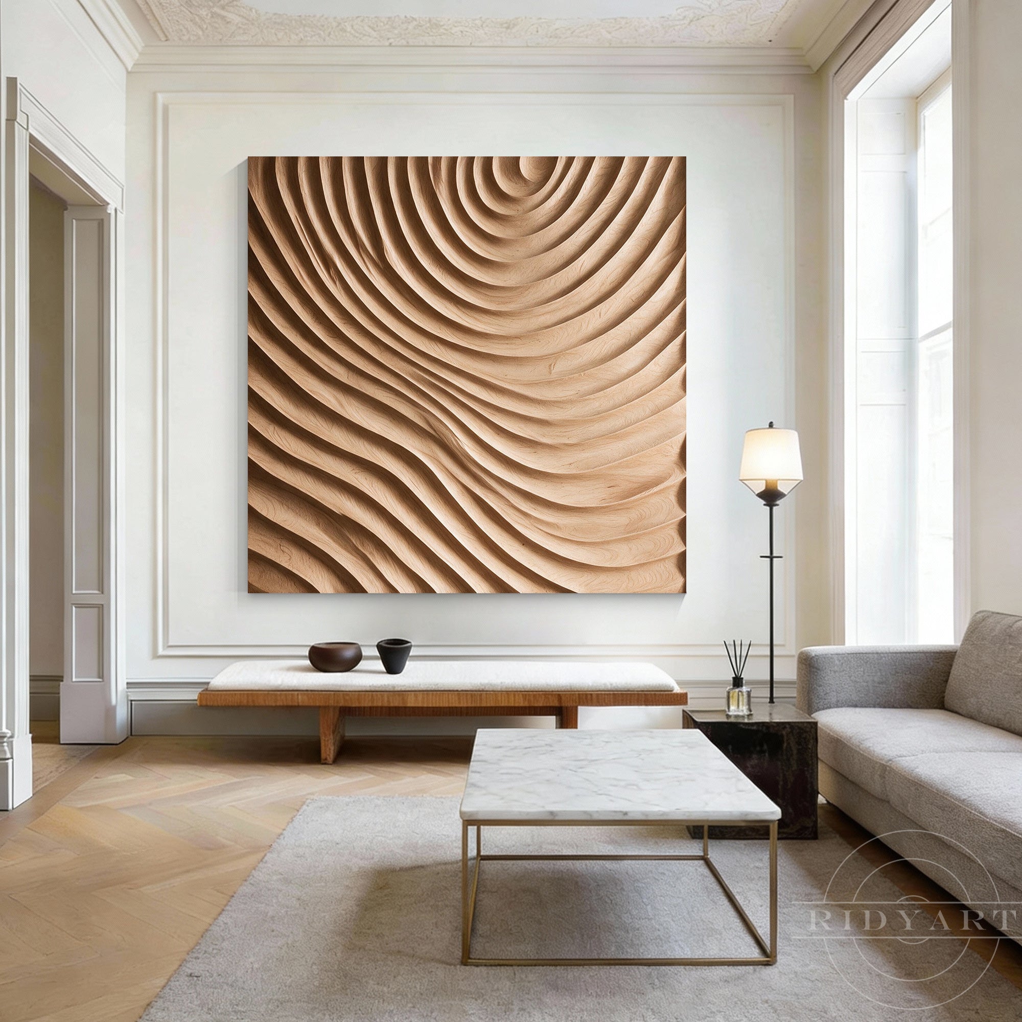 Modern interior featuring a square abstract wood wall panel next to a window and marble coffee table