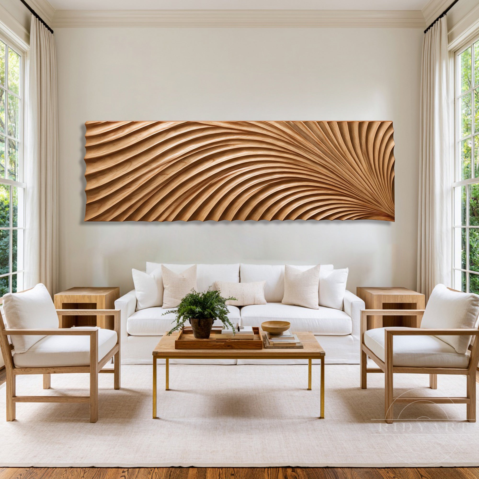 Oversized wood wall art with wave lines centered above a plush sofa and wooden armchairs in a bright Japandi style lounge.