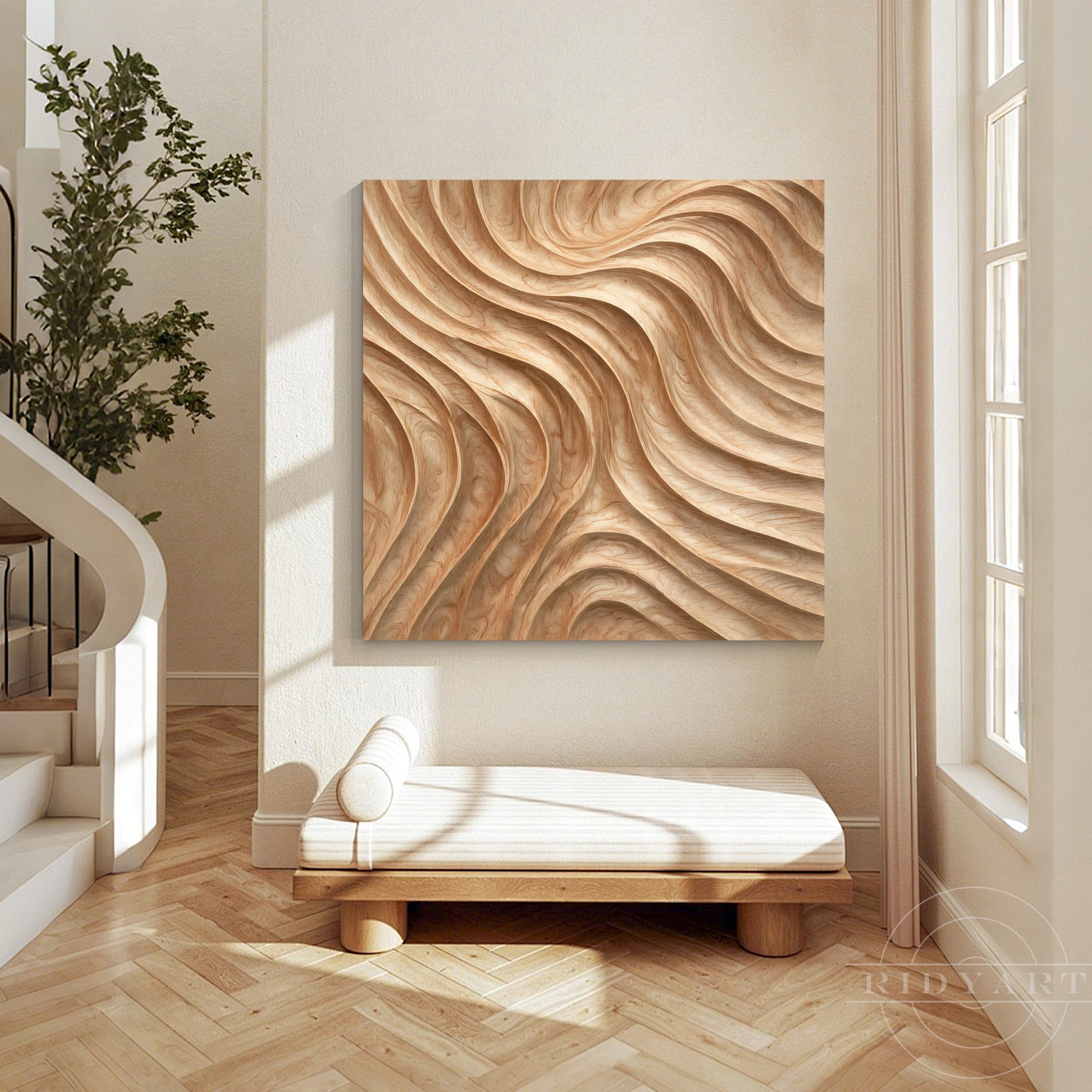 Square 3D wave wood art hanging in a bright entryway with a daybed and oak herringbone floors