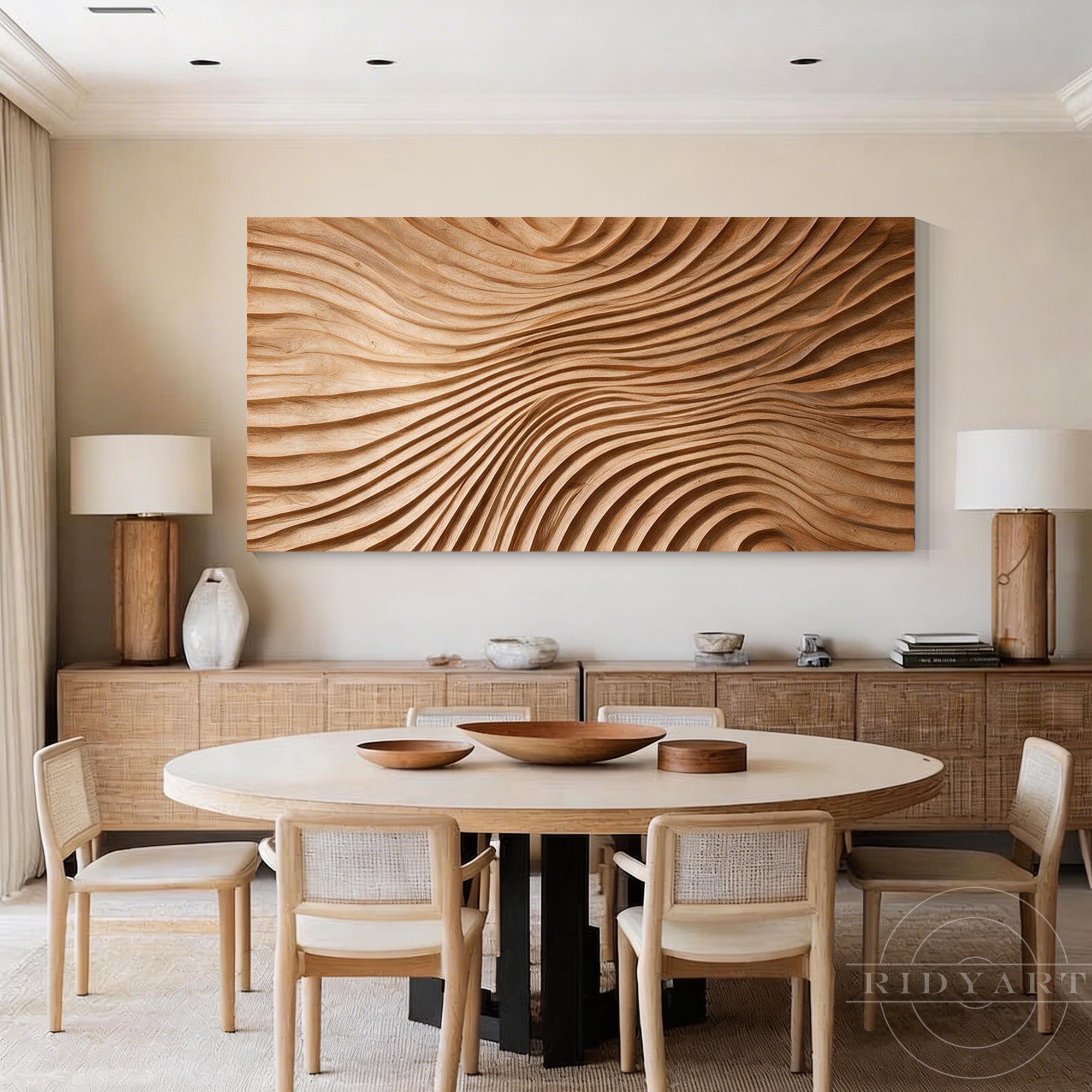 Large horizontal wood wall sculpture displayed above a wooden sideboard in a Japandi-style dining room