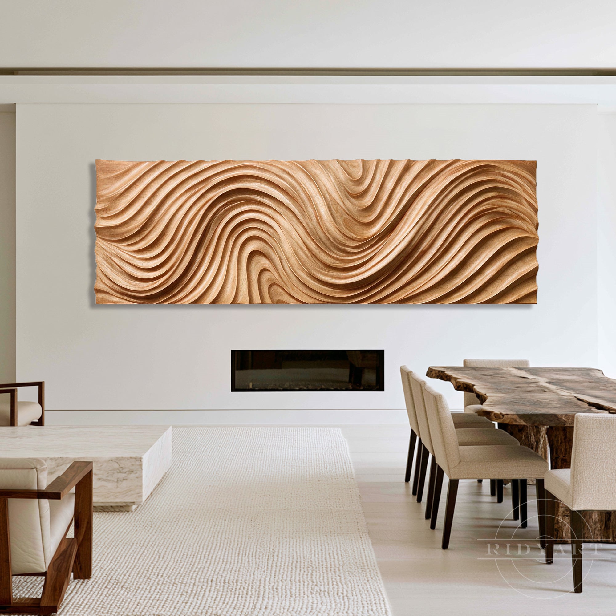 Spacious modern living room interior featuring a fireplace, live edge wooden dining table with chairs, and an oversized wave wood wall art.