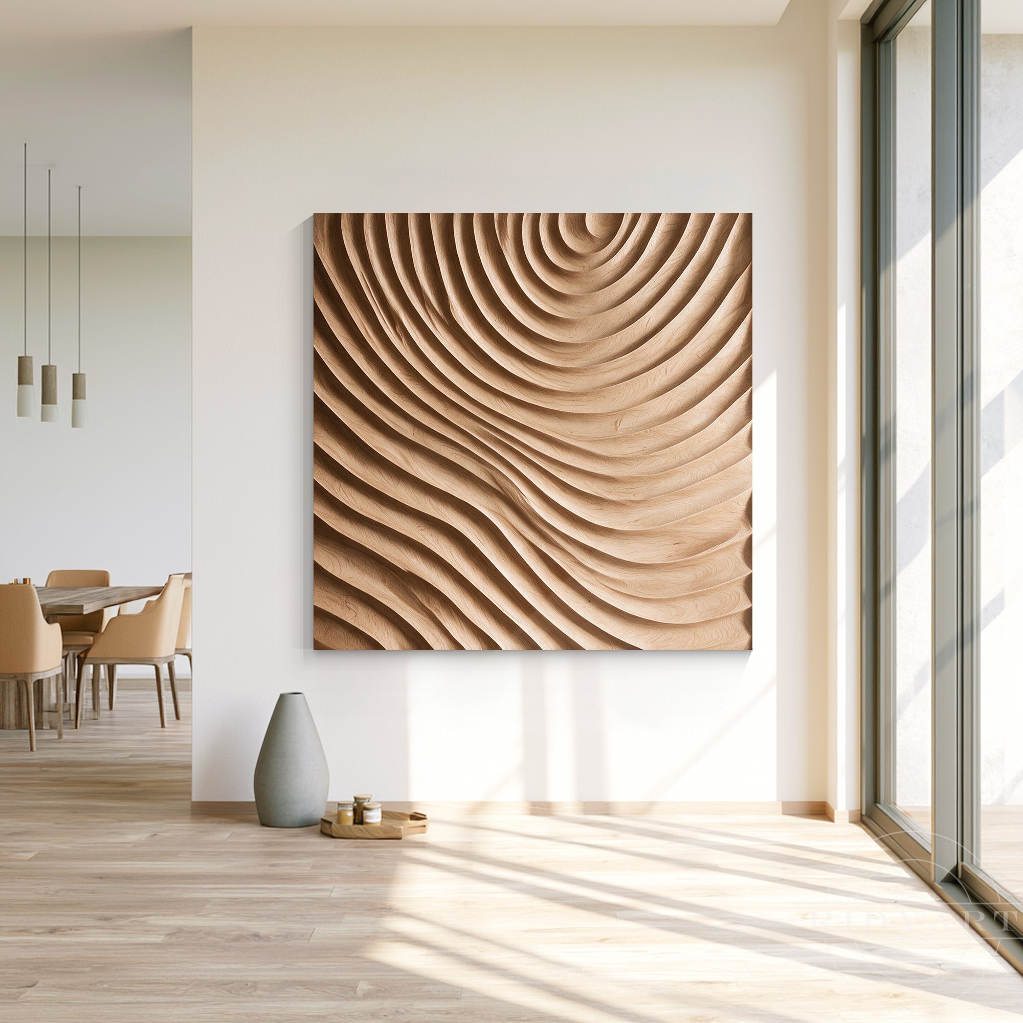 Sunlit hallway and dining area showcasing a square wooden swirl artwork on a white accent wall