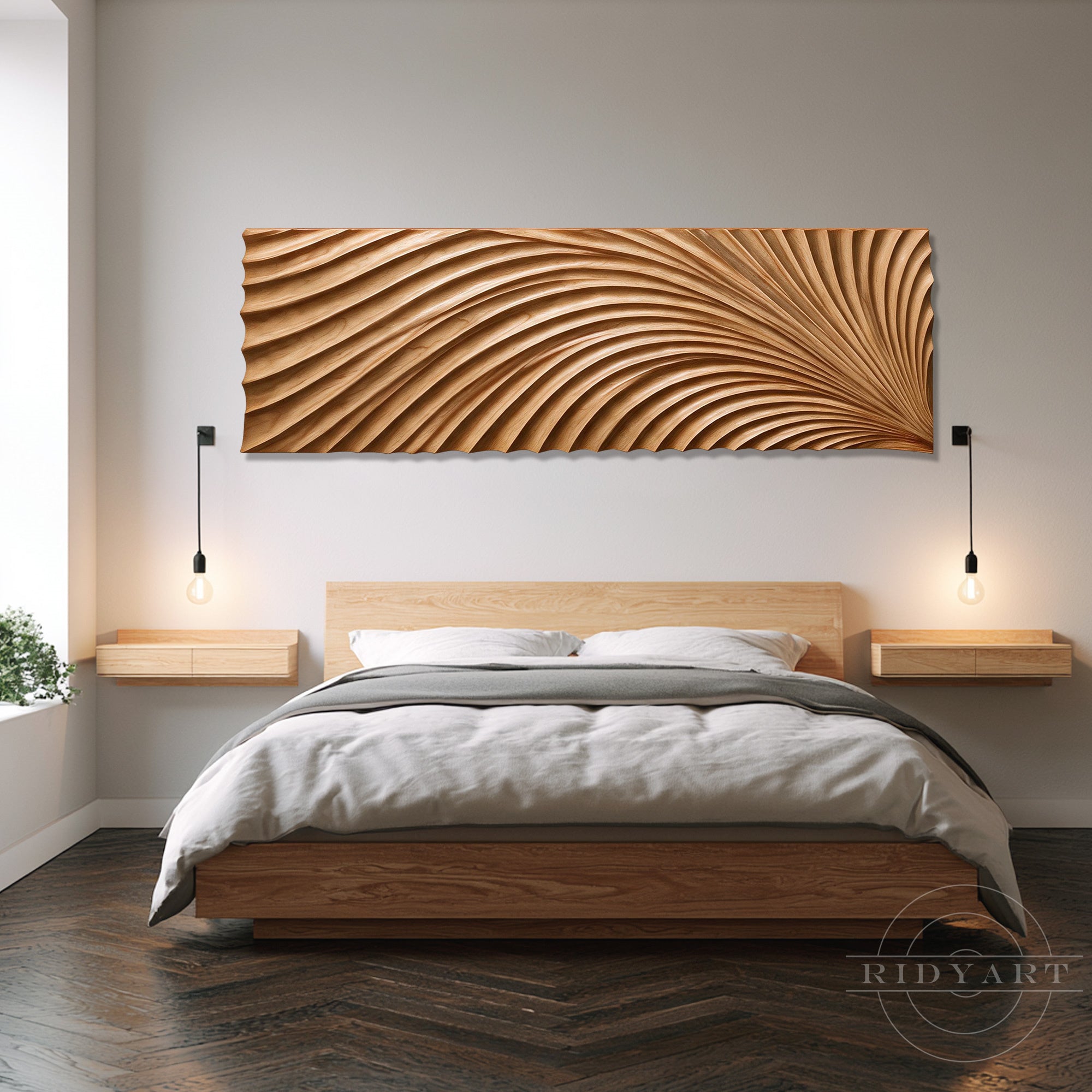 Wood wall art used as a headboard wall decor above a wooden bed in a serene minimalist master bedroom.