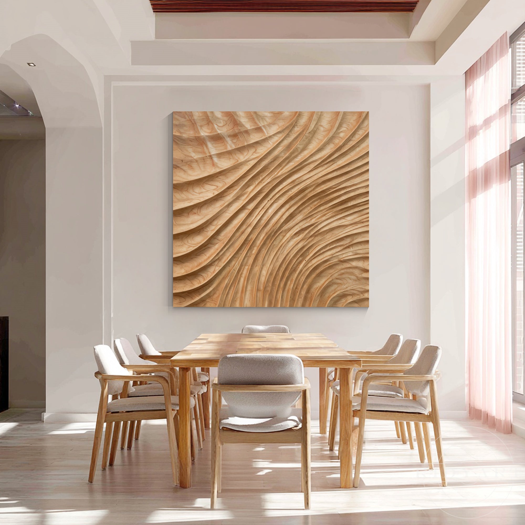 Wave wood wall sculpture art mounted in a spacious modern dining room above a natural wood dining set