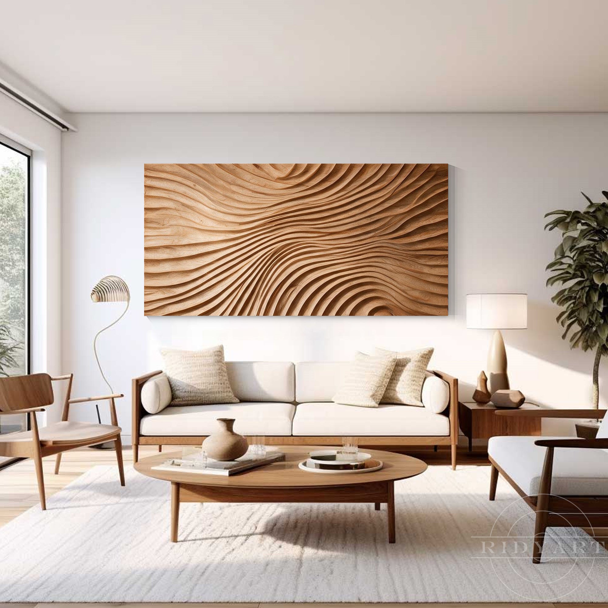 Wide horizontal abstract wood wave painting in a modern minimalist living room with warm wooden furniture